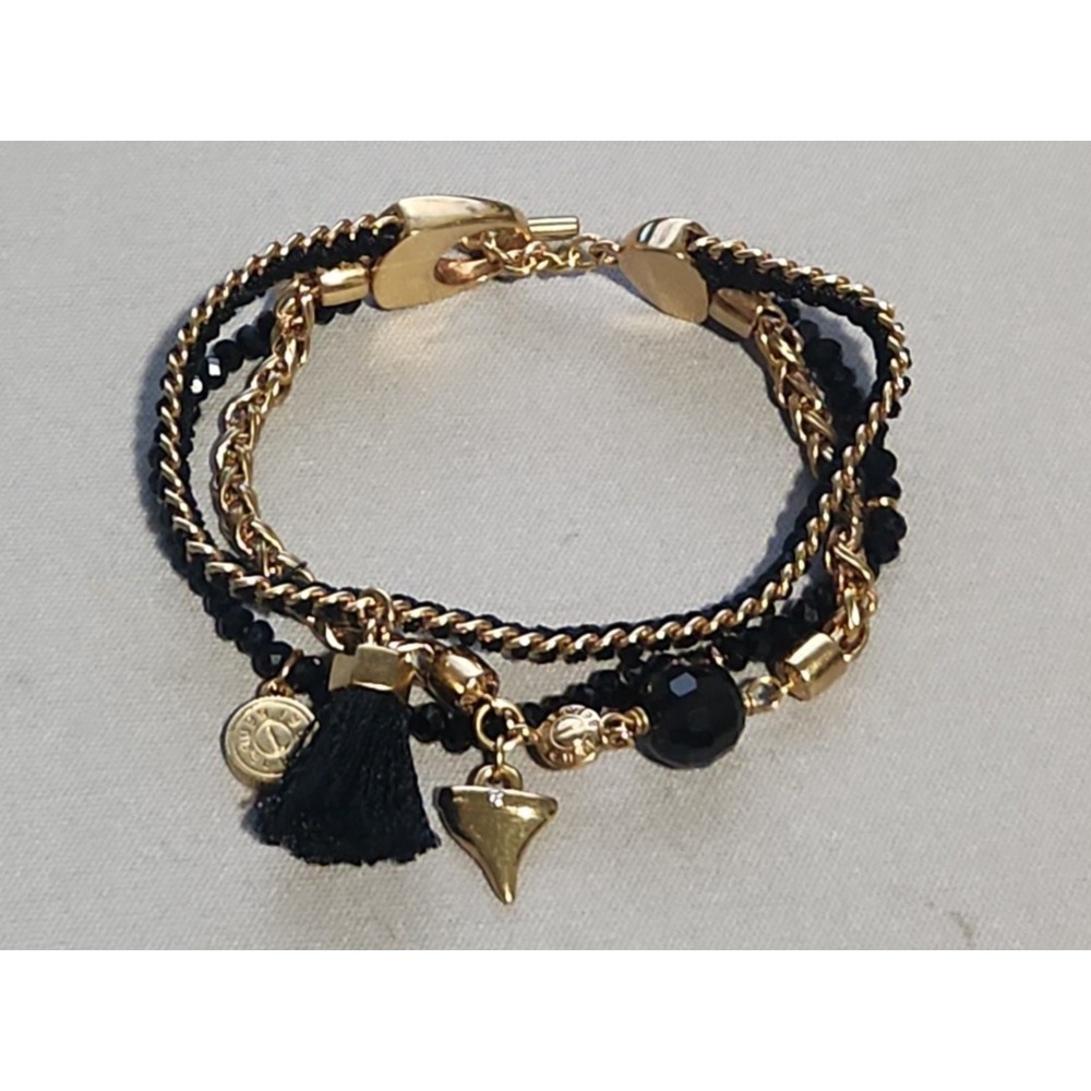 Henri Bendel Multi Strand Black Bead Gold Tone Chain Tassel Charm Bracelet